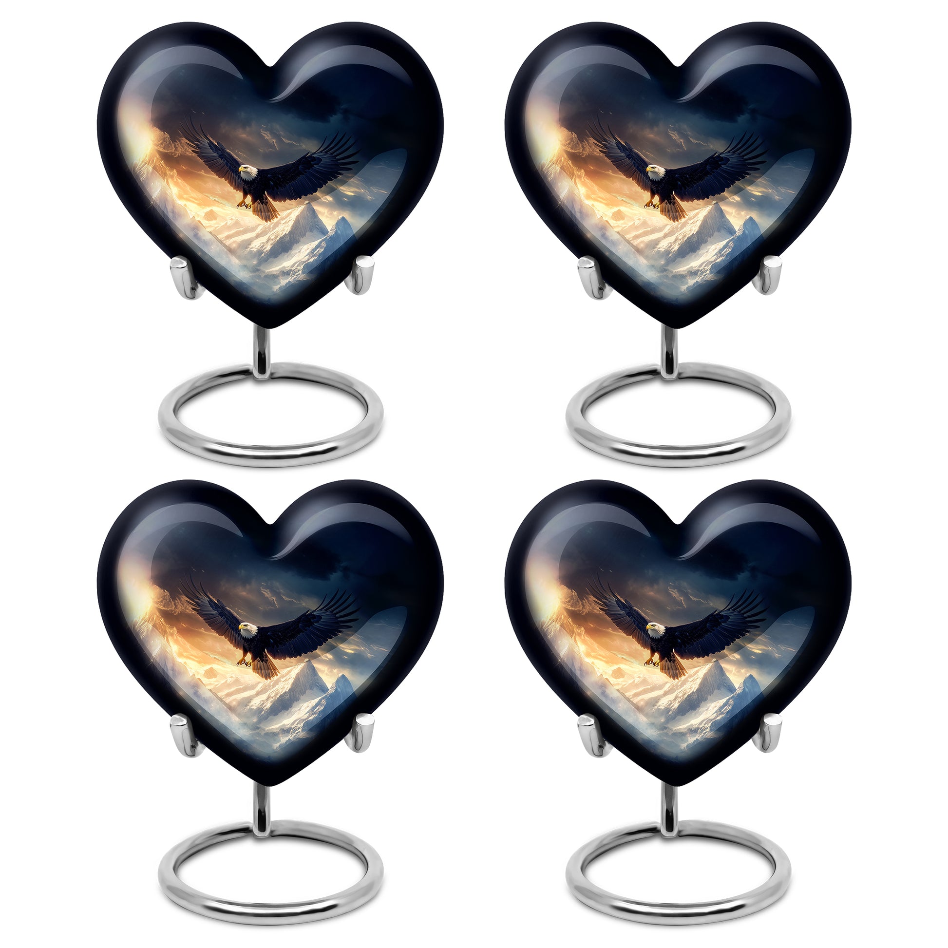 Celestial Blue Eagle Cremation Urn angled view of lid and engraved motif - heart-shaped eagle design symbolizing eternal love - 10 inch aluminum urn for cremated remains