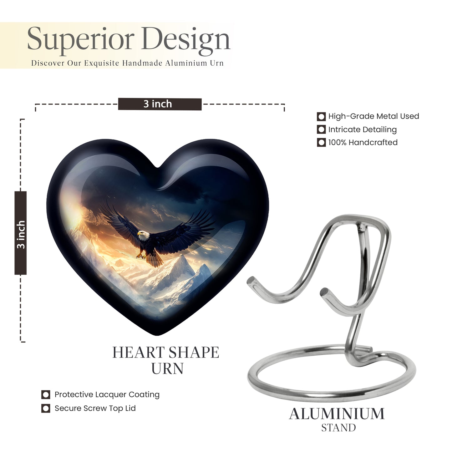 Icy Blue Eagle Cremation Urn front view showing detailed design - heart-shaped eagle design symbolizing eternal love - mini keepsake memorial for portion of cremation ashes