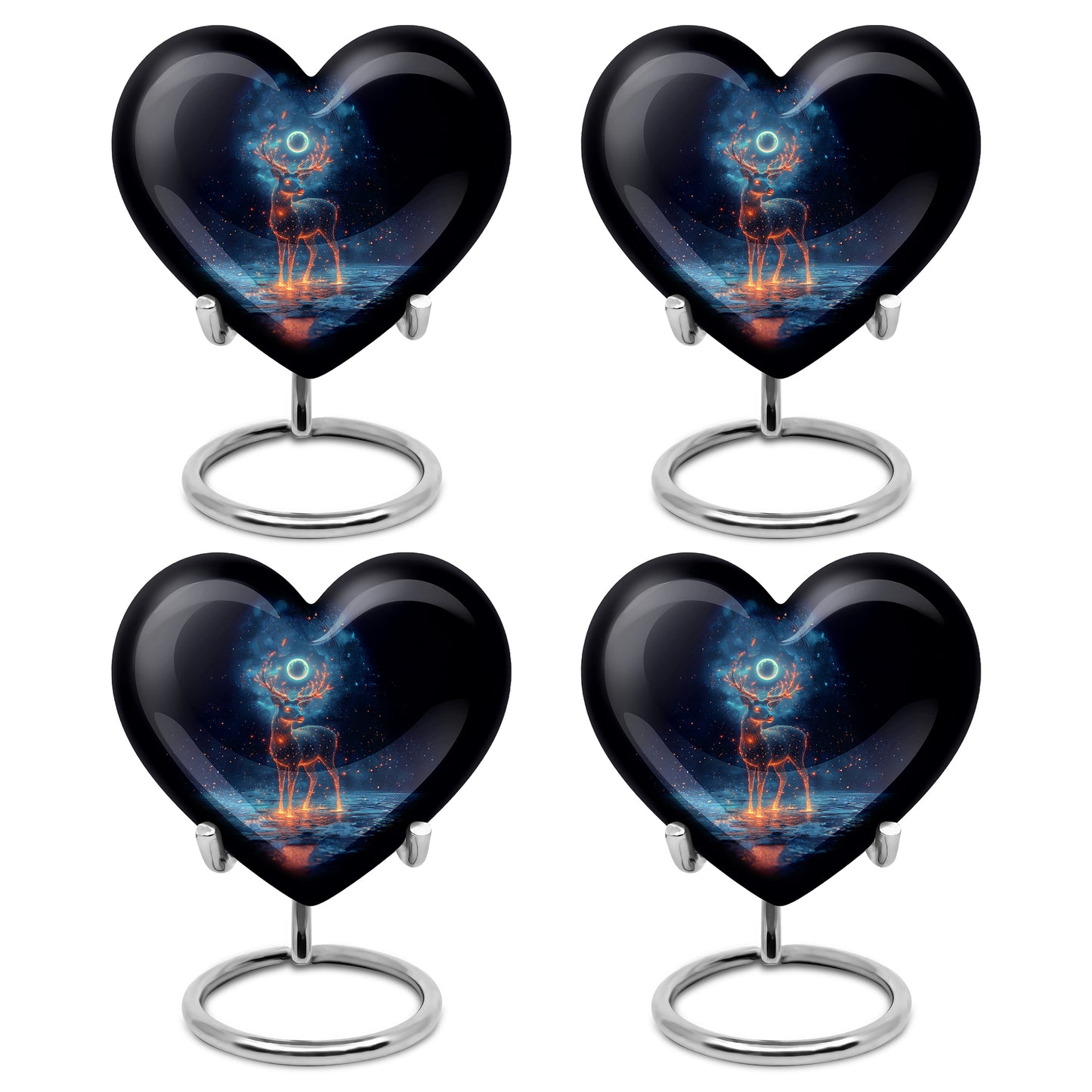 Midnight Black Deer Cremation Urn angled view of lid and engraved motif - compassionate heart-deer combination with gentle curves - 10 inch aluminum urn for cremated remains