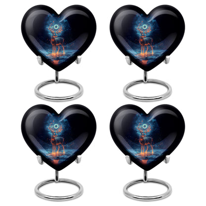 Midnight Black Deer Cremation Urn angled view of lid and engraved motif - compassionate heart-deer combination with gentle curves - 10 inch aluminum urn for cremated remains