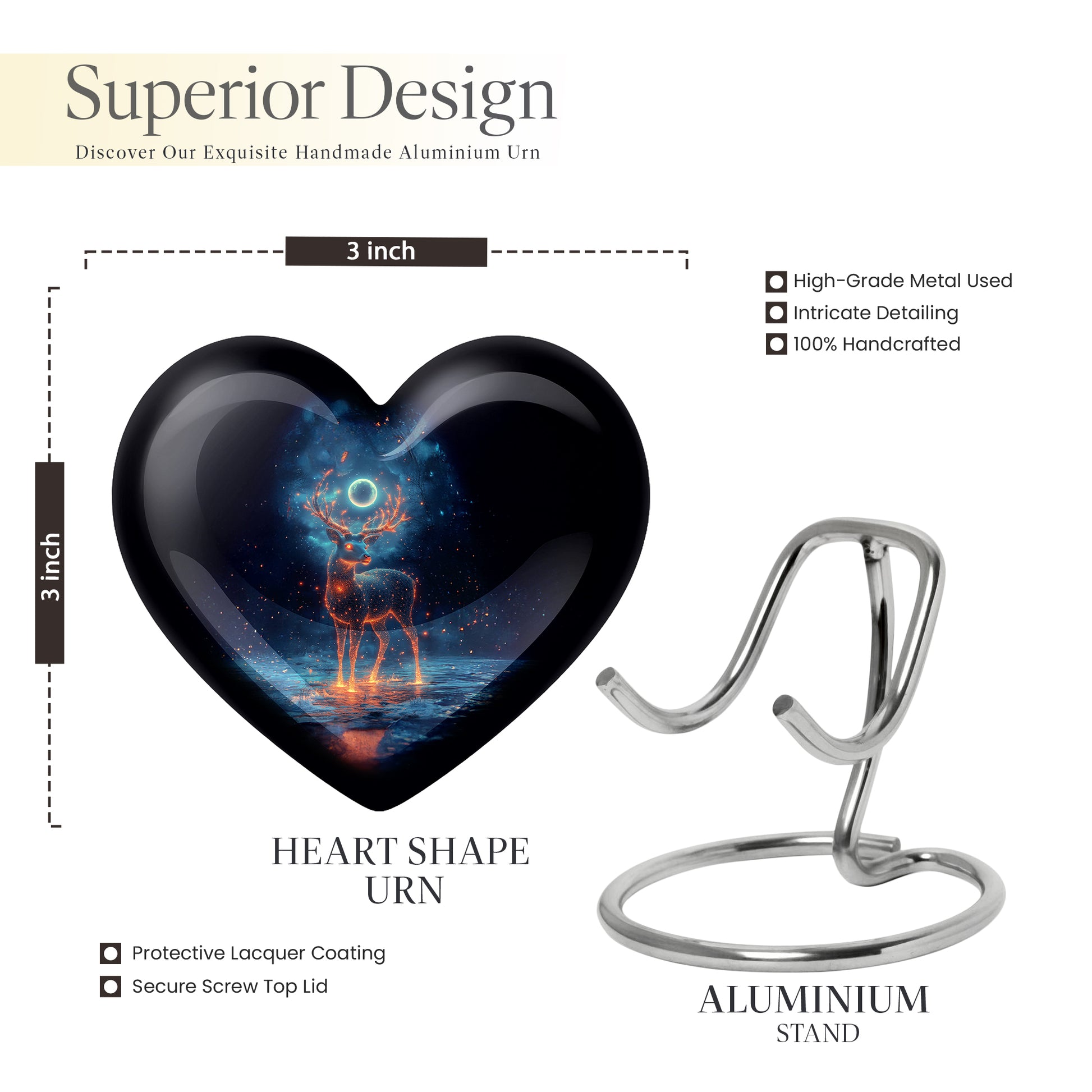 Jet Black Deer Cremation Urn front view showing detailed design - heart-shaped deer design symbolizing eternal love - mini keepsake memorial for portion of cremation ashes