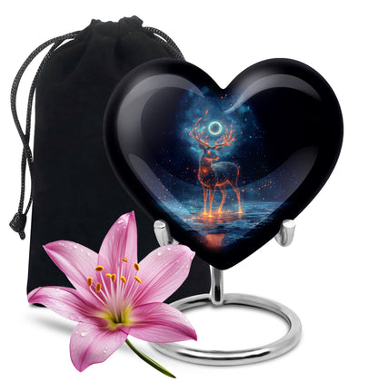 Obsidian Black Deer Cremation Urn detail view - romantic heart urn with deer motif on aluminum - full-size 10 inch 200 cubic inch adult cremation urn