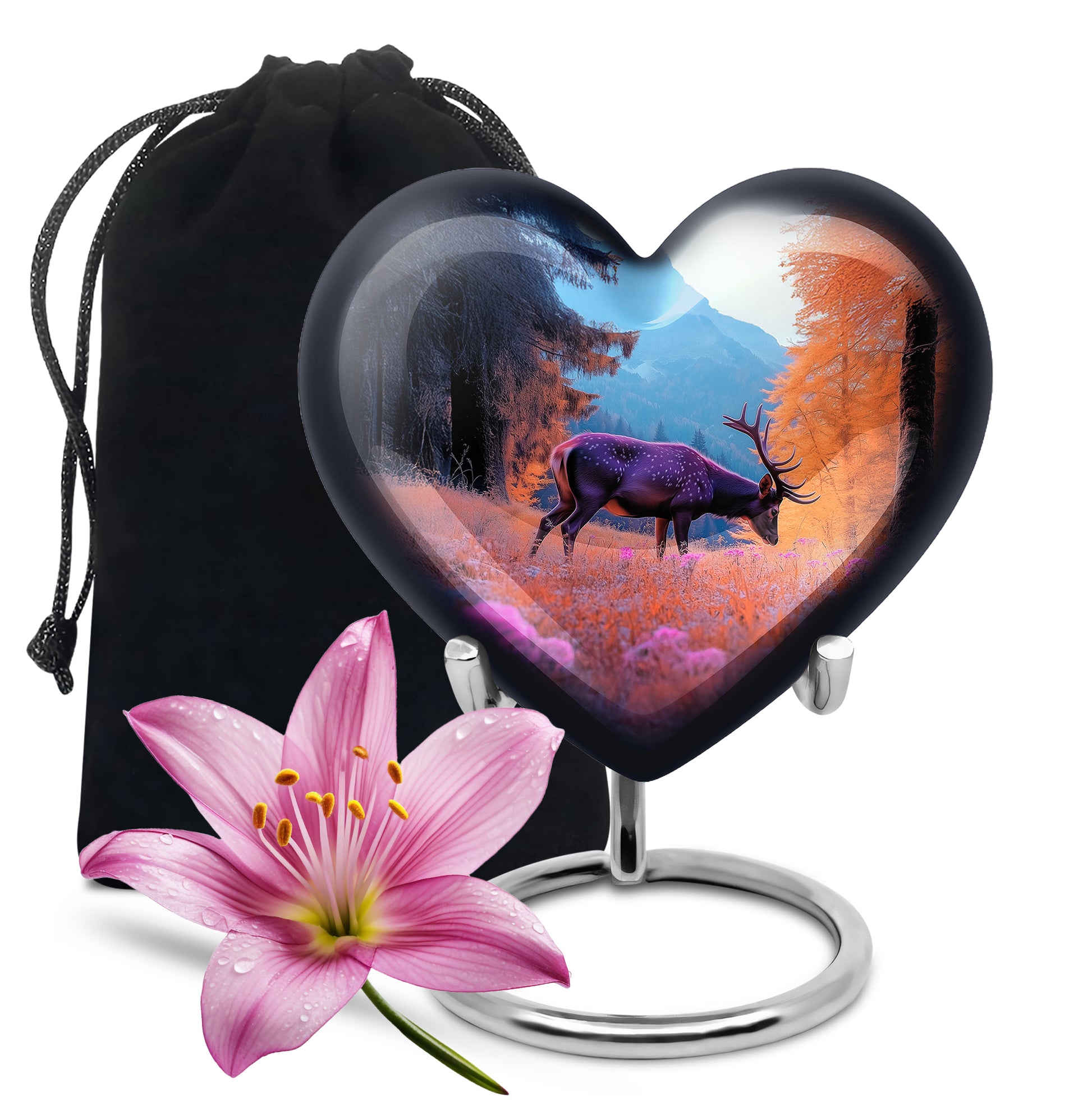 Dusty Blue Deer Cremation Urn detail view - loving heart memorial featuring deer pattern - full-size 10 inch 200 cubic inch adult cremation urn