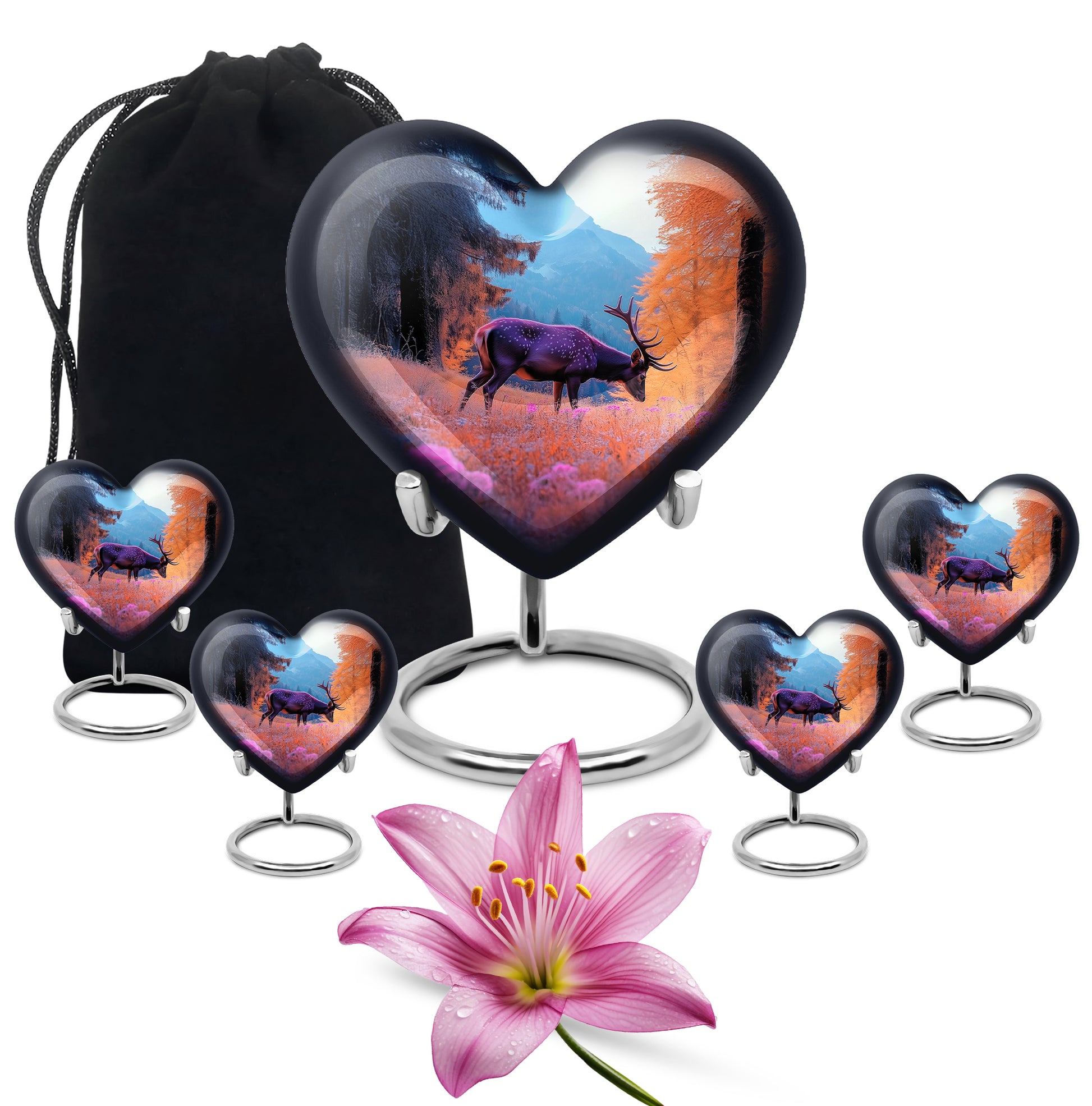 Dusty Blue Deer Cremation Urn close-up of engraving and surface detail - heart-shaped deer design symbolizing eternal love - memorial set with one large and four small urns