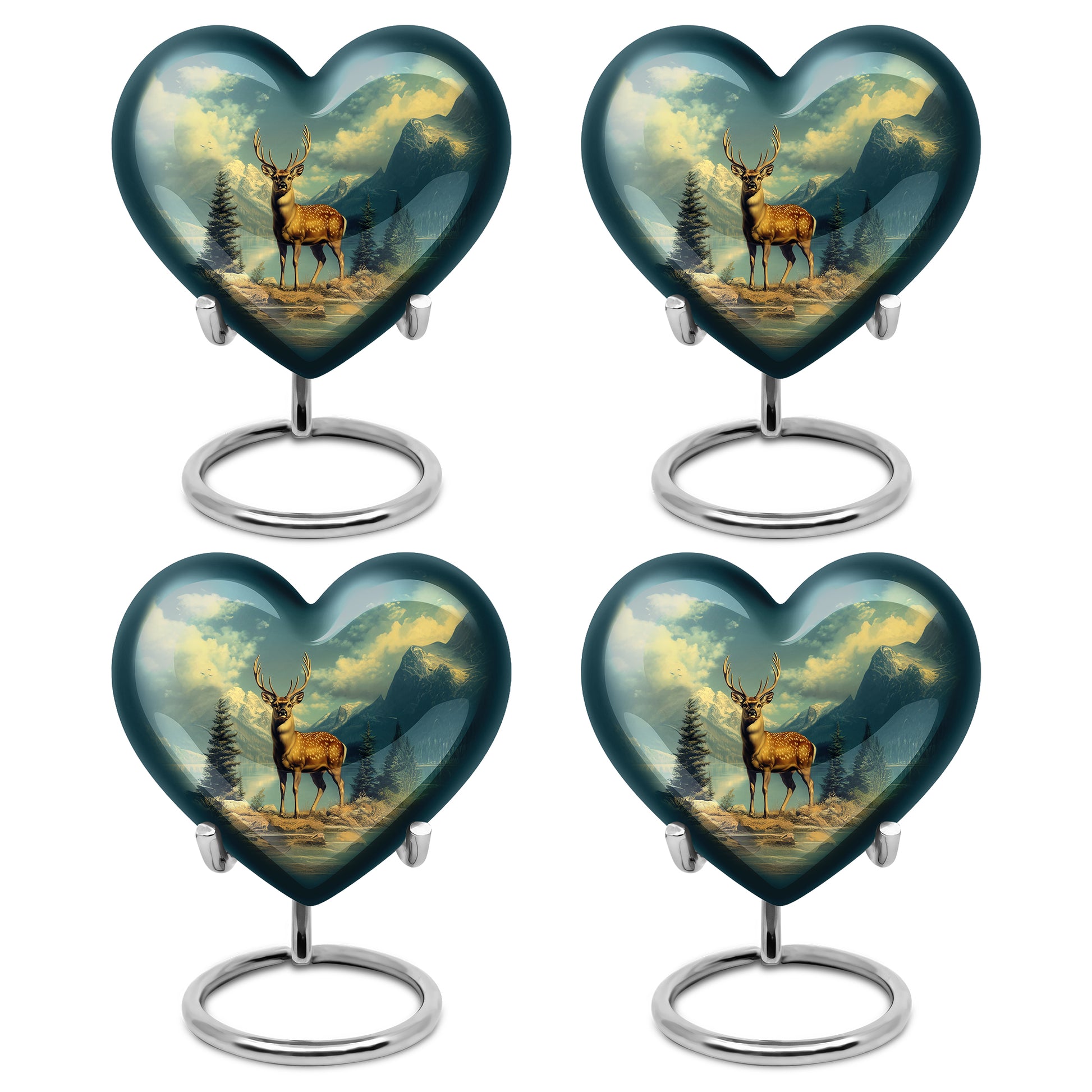 Cool Teal Deer Cremation Urn angled view of lid and engraved motif - heart-shaped deer design symbolizing eternal love - 10 inch aluminum urn for cremated remains