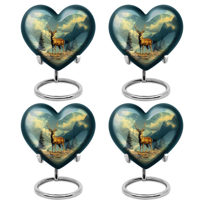 Cool Teal Deer Cremation Urn angled view of lid and engraved motif - heart-shaped deer design symbolizing eternal love - 10 inch aluminum urn for cremated remains