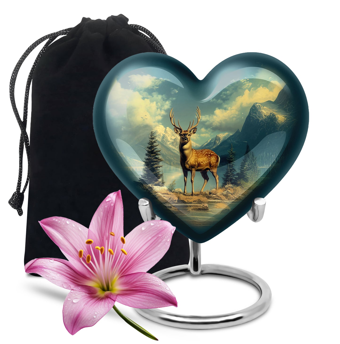 Cool Teal Deer Cremation Urn detail view - loving heart memorial featuring deer pattern - full-size 10 inch 200 cubic inch adult cremation urn