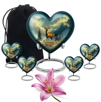 Soft Teal Deer Cremation Urn close-up of engraving and surface detail - loving heart memorial featuring deer pattern - memorial set with one large and four small urns