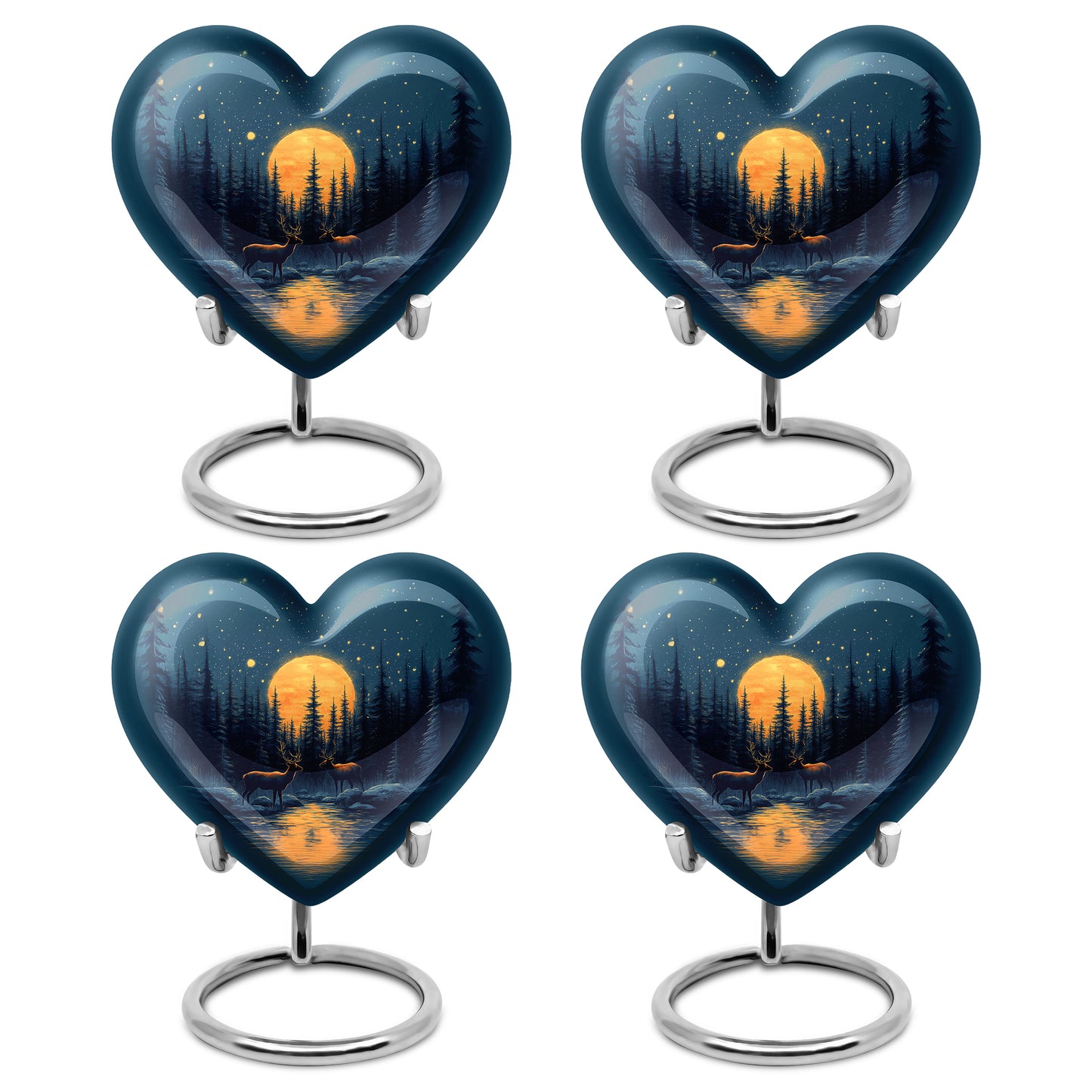Indigo Deer Cremation Urn angled view of lid and engraved motif - heart-shaped deer design symbolizing eternal love - 10 inch aluminum urn for cremated remains