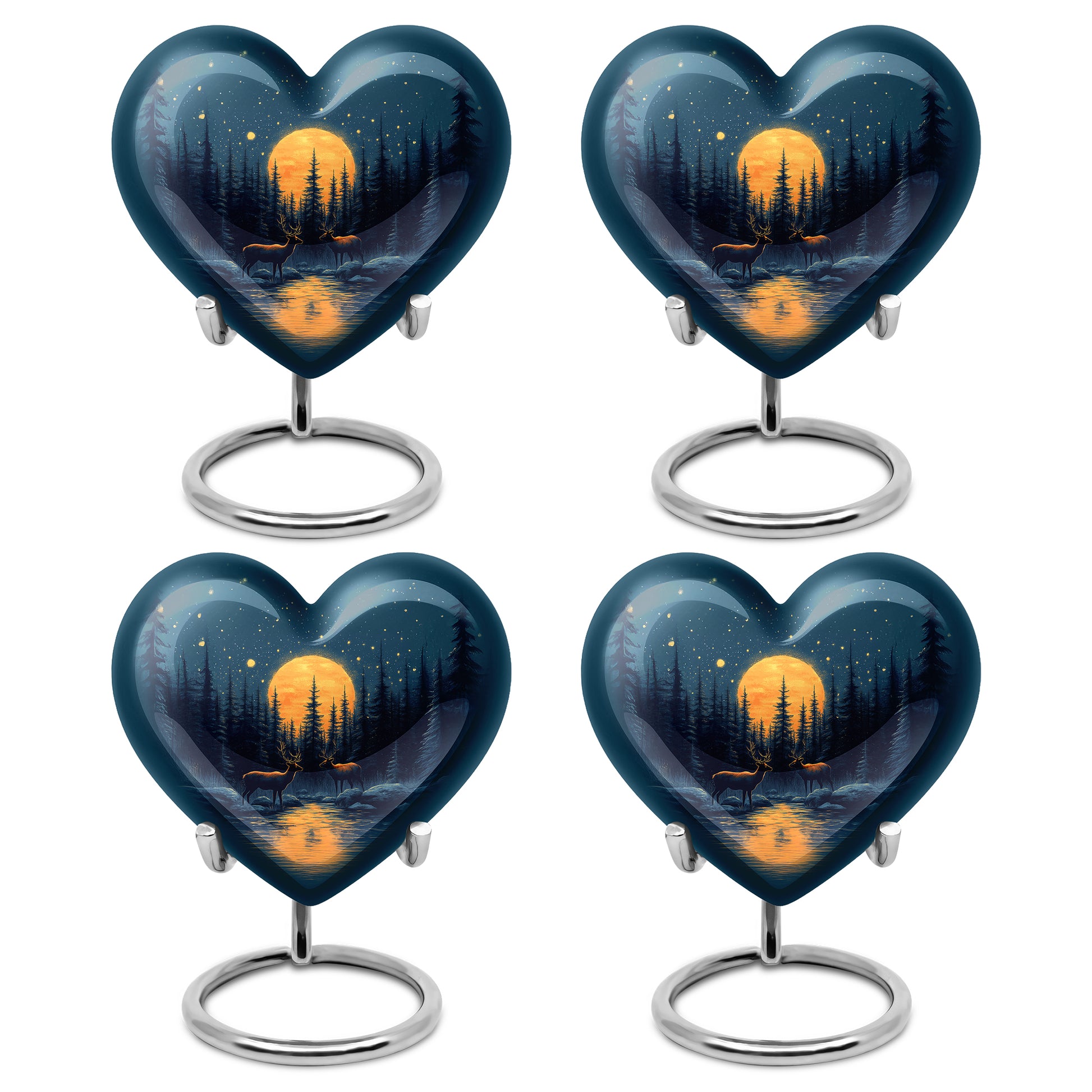 Indigo Deer Cremation Urn angled view of lid and engraved motif - heart-shaped deer design symbolizing eternal love - 10 inch aluminum urn for cremated remains