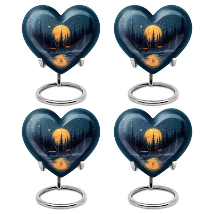 Indigo Deer Cremation Urn angled view of lid and engraved motif - heart-shaped deer design symbolizing eternal love - 10 inch aluminum urn for cremated remains