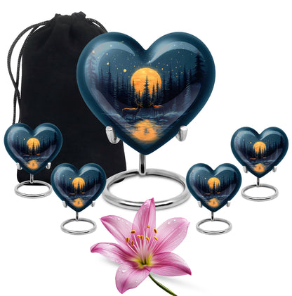 Azure Deer Cremation Urn close-up of engraving and surface detail - heart-shaped deer design symbolizing eternal love - memorial set with one large and four small urns