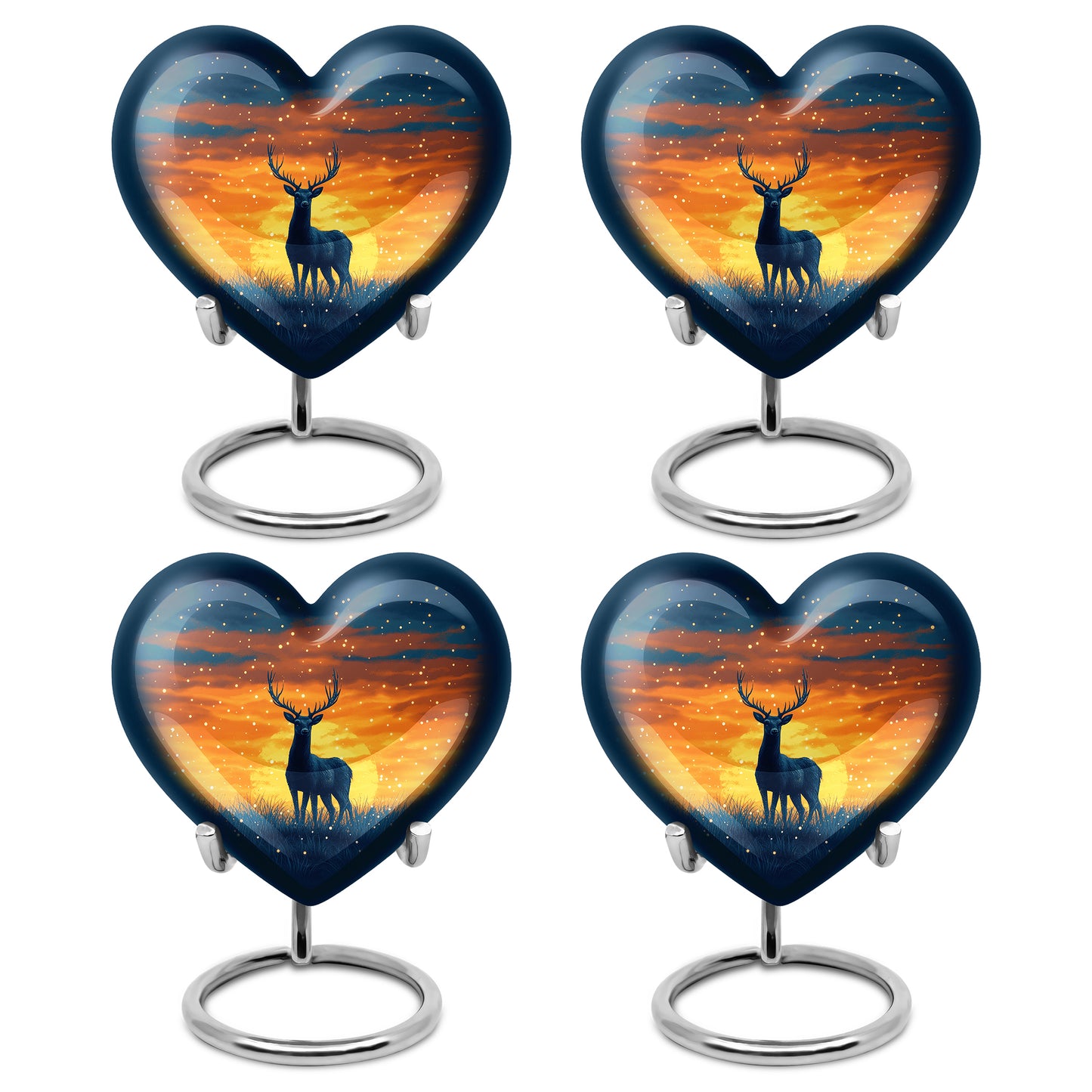 Pastel Blue Deer Cremation Urn angled view of lid and engraved motif - heart-shaped deer design symbolizing eternal love - 10 inch aluminum urn for cremated remains