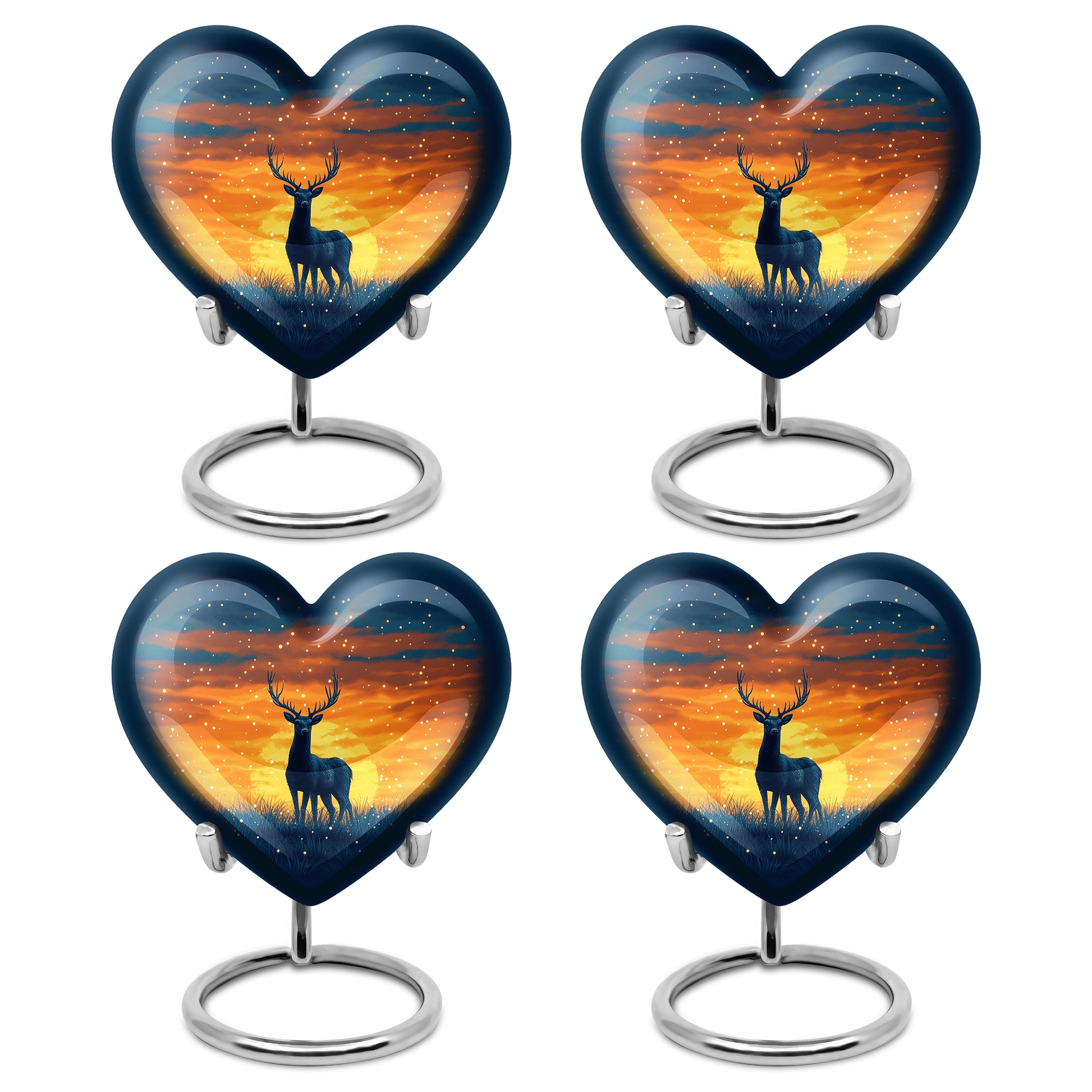Pastel Blue Deer Cremation Urn angled view of lid and engraved motif - heart-shaped deer design symbolizing eternal love - 10 inch aluminum urn for cremated remains