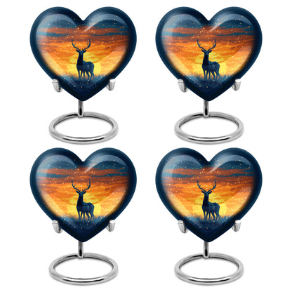 Pastel Blue Deer Cremation Urn angled view of lid and engraved motif - heart-shaped deer design symbolizing eternal love - 10 inch aluminum urn for cremated remains