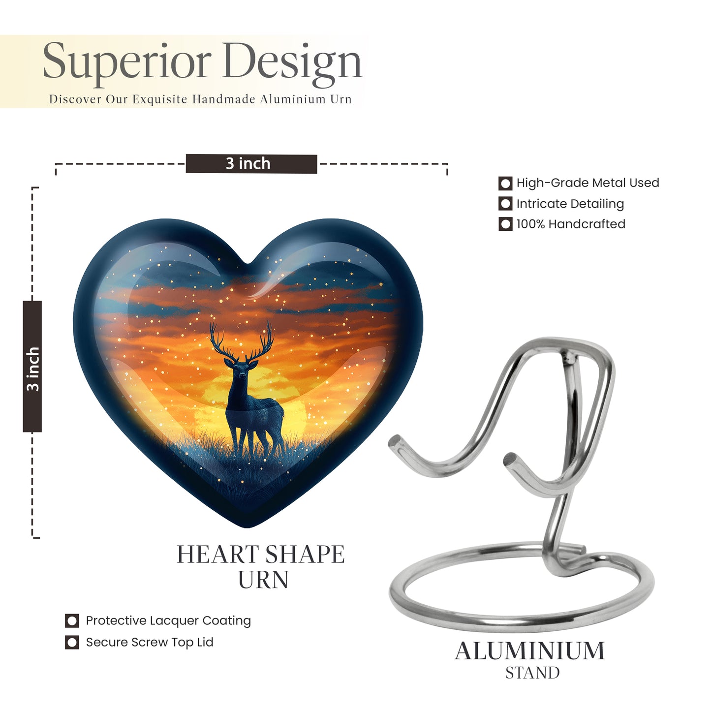 Sky Blue Deer Cremation Urn front view showing detailed design - heart-shaped deer design symbolizing eternal love - mini keepsake memorial for portion of cremation ashes