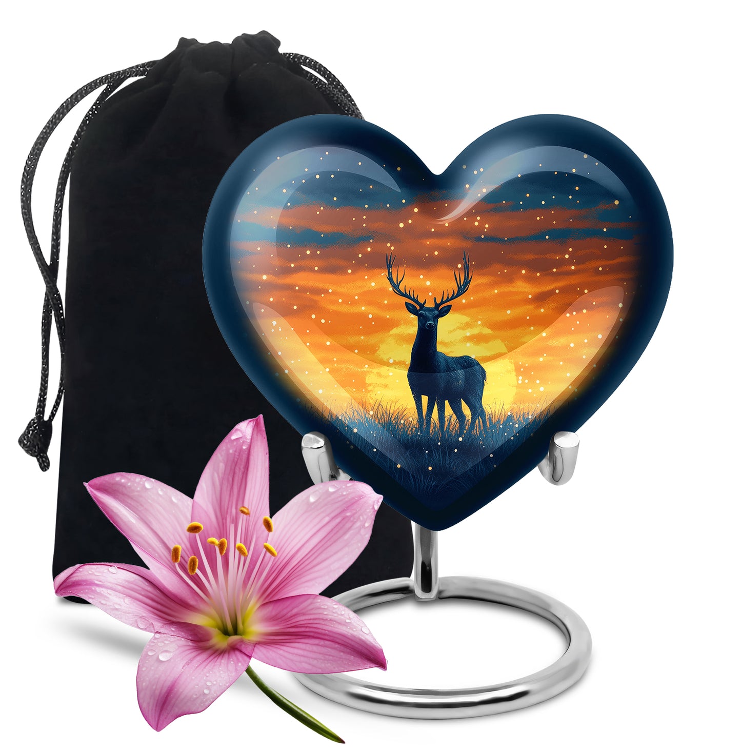 Indigo Deer Cremation Urn detail view - heart-shaped deer design symbolizing eternal love - full-size 10 inch 200 cubic inch adult cremation urn
