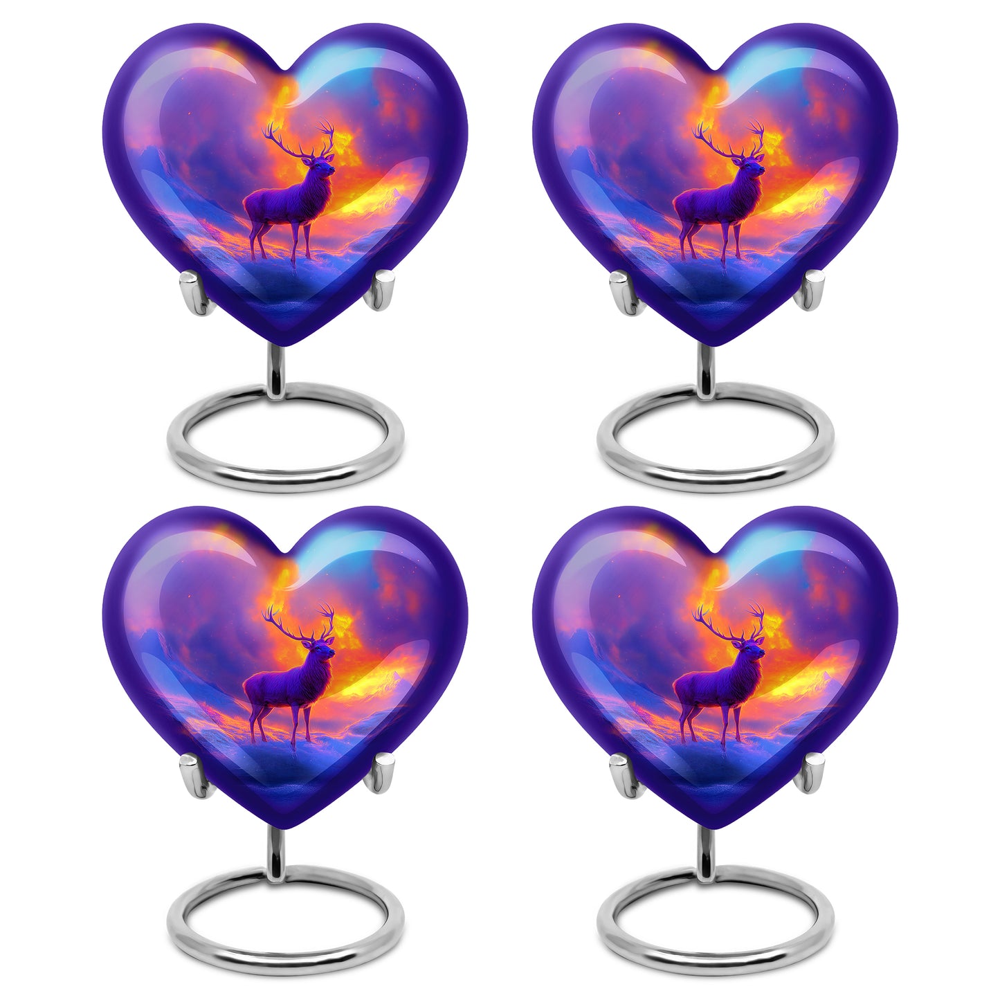 Plum Purple Deer Cremation Urn angled view of lid and engraved motif - loving heart memorial featuring deer pattern - 10 inch aluminum urn for cremated remains