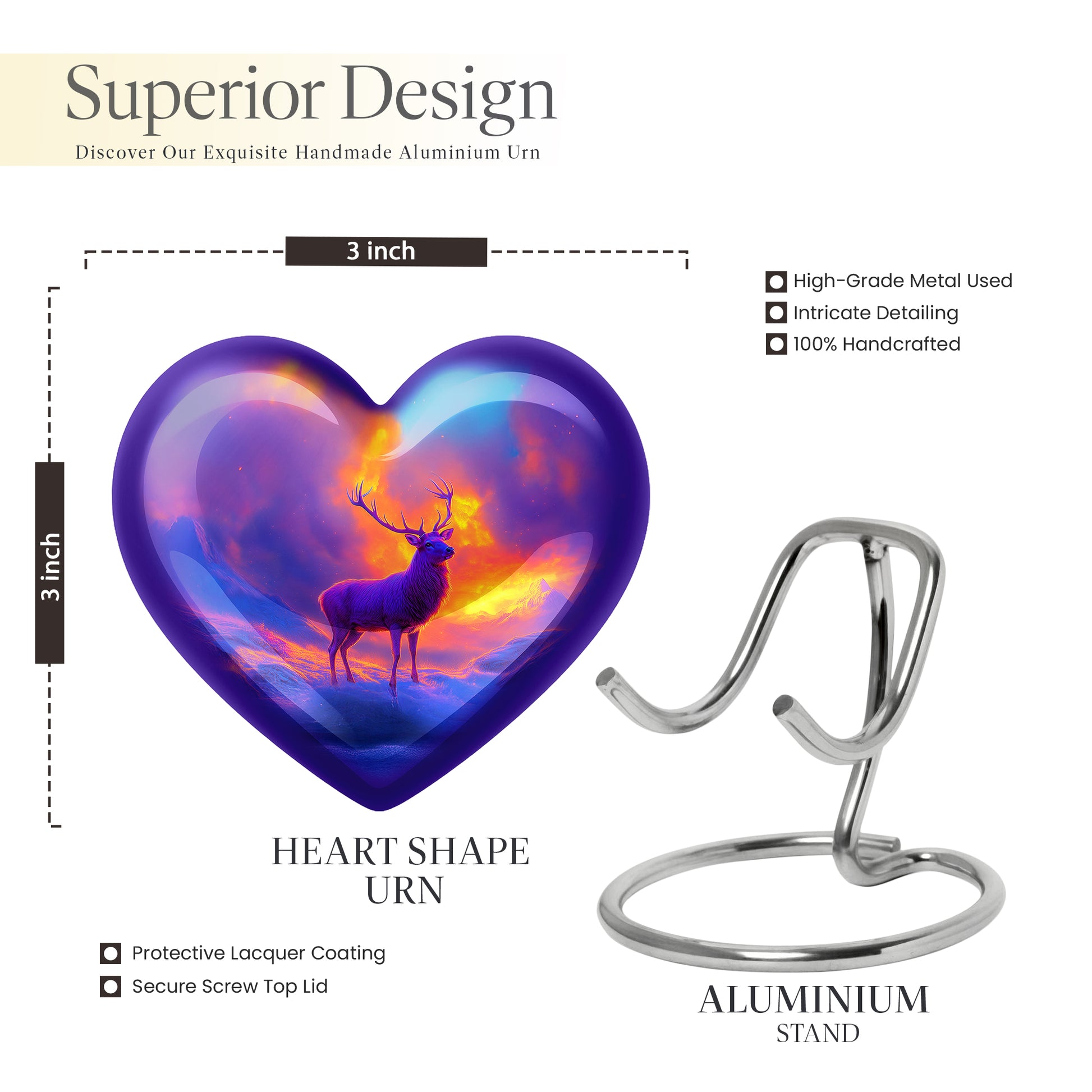 Plum Purple Deer Cremation Urn front view showing detailed design - heart-shaped deer design symbolizing eternal love - mini keepsake memorial for portion of cremation ashes