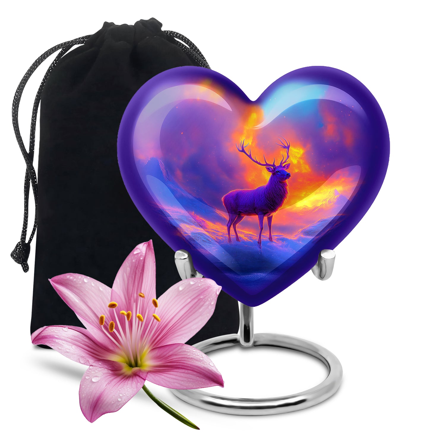 Violet Purple Deer Cremation Urn detail view - compassionate heart-deer combination with gentle curves - full-size 10 inch 200 cubic inch adult cremation urn