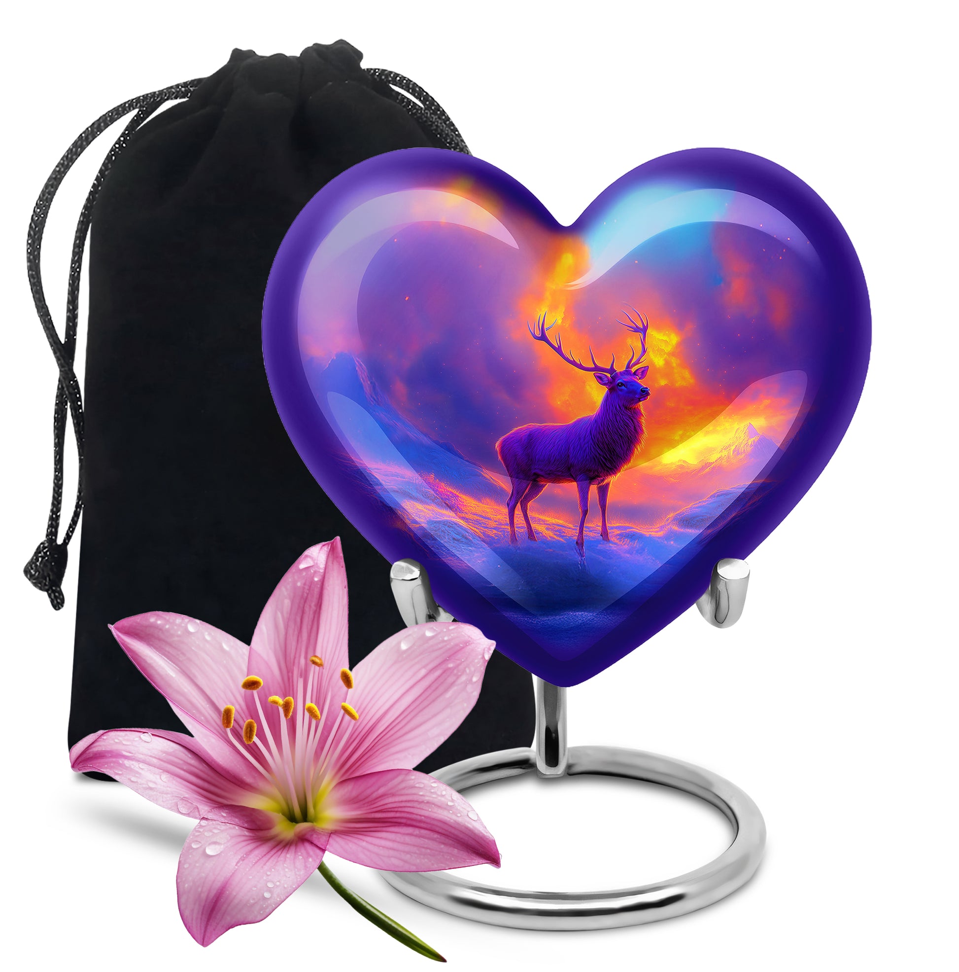 Violet Purple Deer Cremation Urn detail view - compassionate heart-deer combination with gentle curves - full-size 10 inch 200 cubic inch adult cremation urn