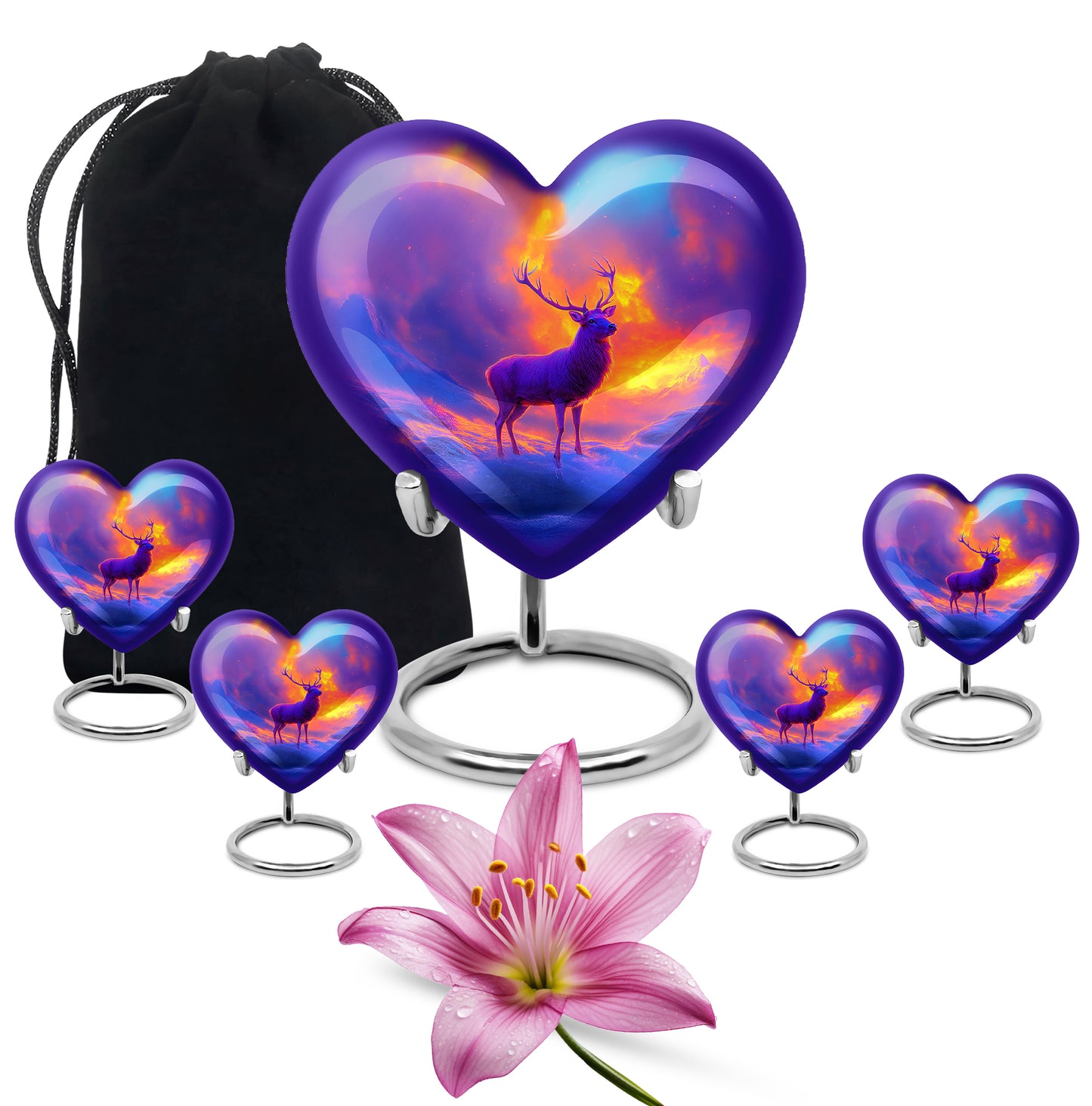 Amethyst Purple Deer Cremation Urn close-up of engraving and surface detail - heart-shaped deer design symbolizing eternal love - memorial set with one large and four small urns