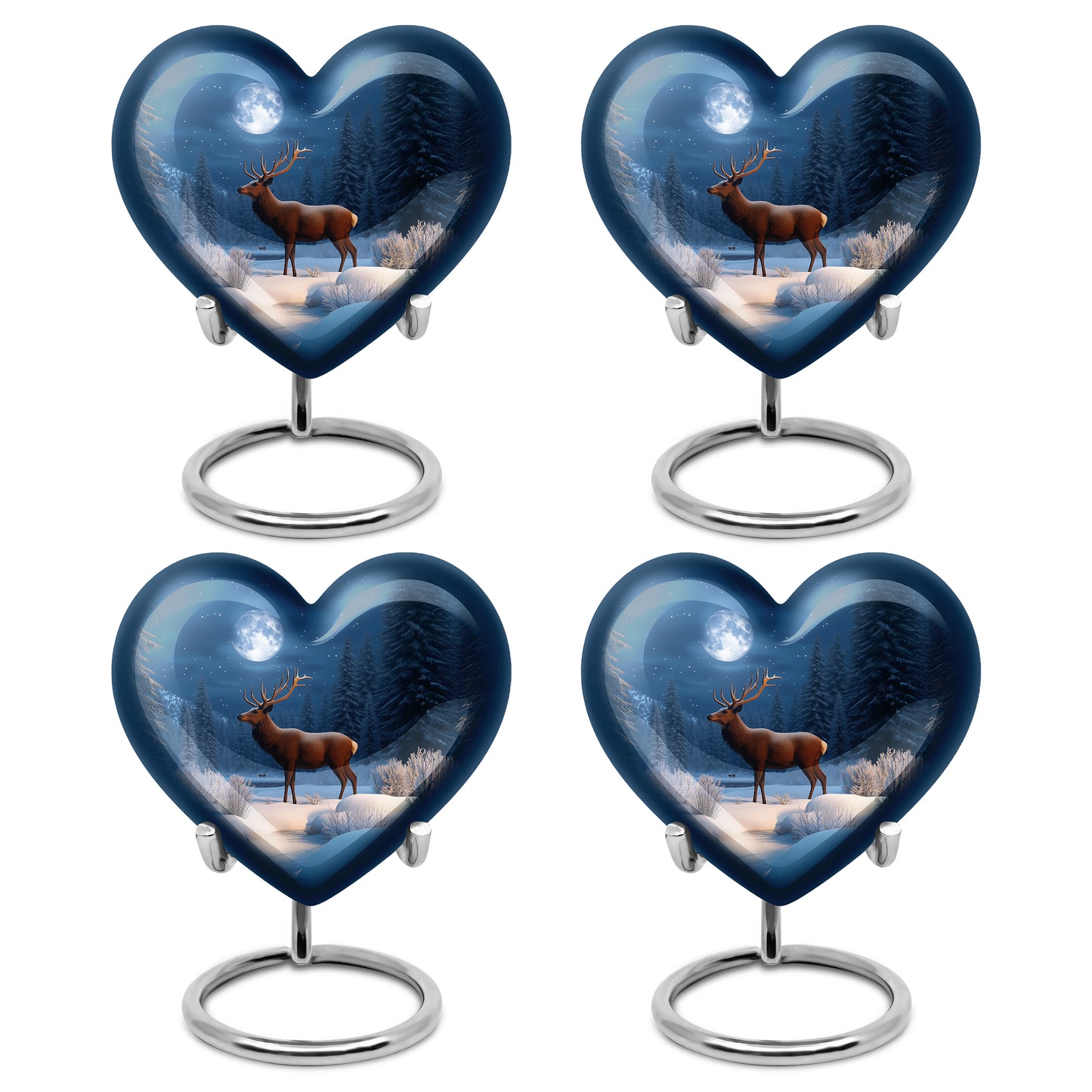 Indigo Deer Cremation Urn angled view of lid and engraved motif - heart-shaped deer design symbolizing eternal love - 10 inch aluminum urn for cremated remains