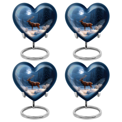 Indigo Deer Cremation Urn angled view of lid and engraved motif - heart-shaped deer design symbolizing eternal love - 10 inch aluminum urn for cremated remains