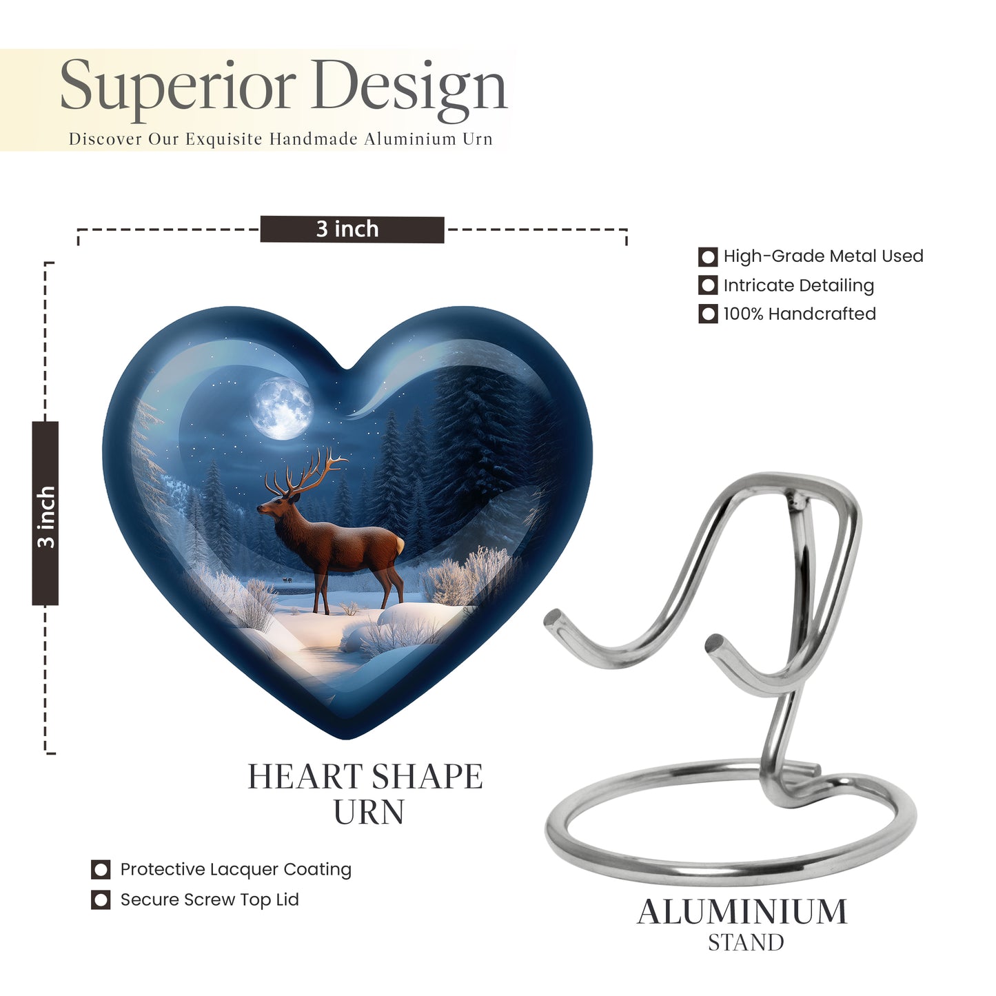 Slate Blue Deer Cremation Urn front view showing detailed design - loving heart memorial featuring deer pattern - mini keepsake memorial for portion of cremation ashes