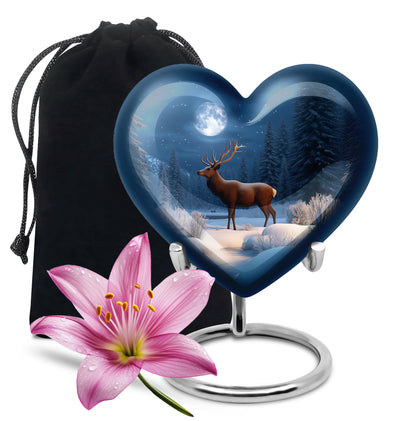 Sapphire Blue Deer Cremation Urn detail view - romantic heart urn with deer motif on aluminum - full-size 10 inch 200 cubic inch adult cremation urn