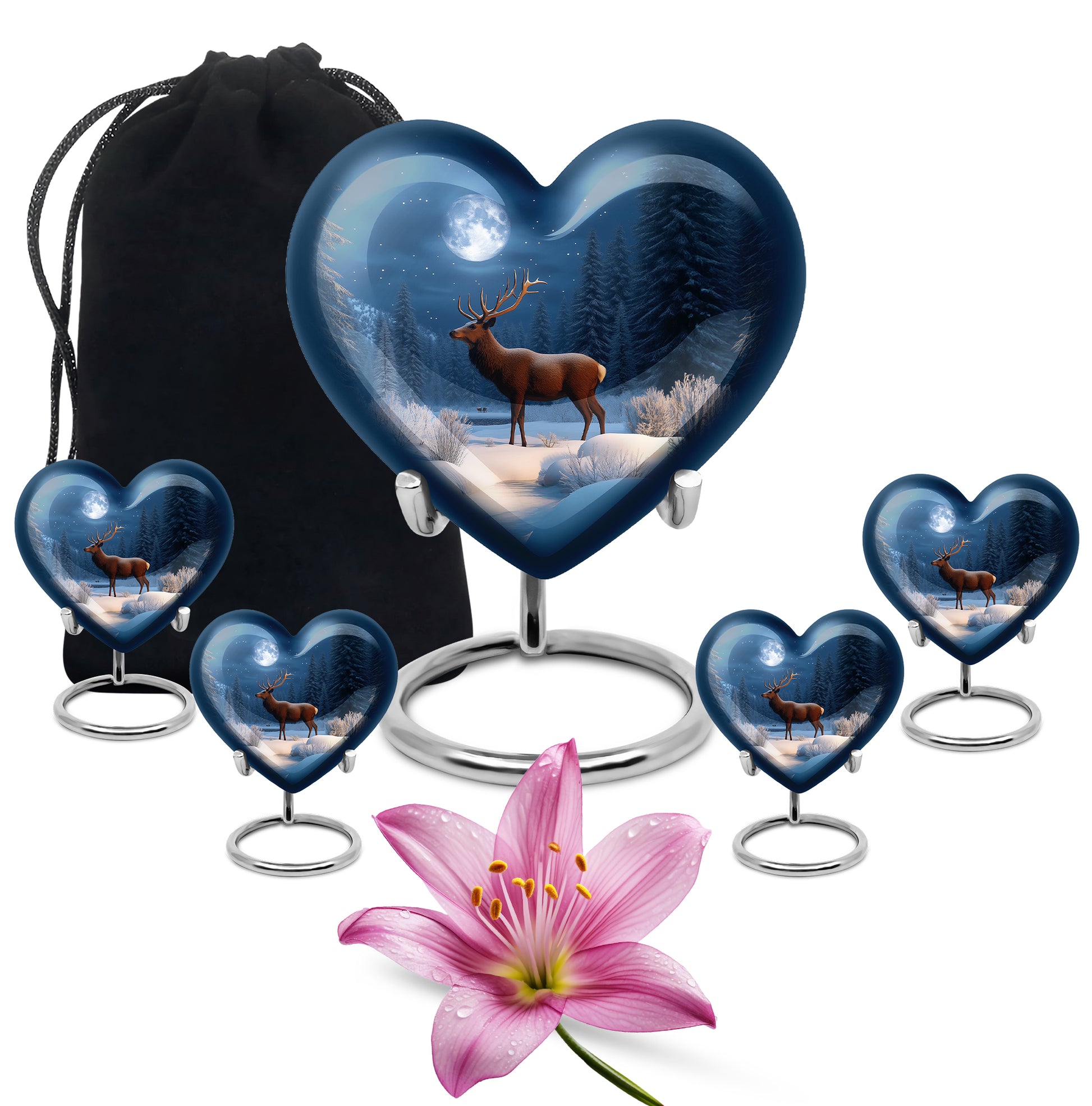 Celestial Blue Deer Cremation Urn close-up of engraving and surface detail - heart-shaped deer design symbolizing eternal love - memorial set with one large and four small urns