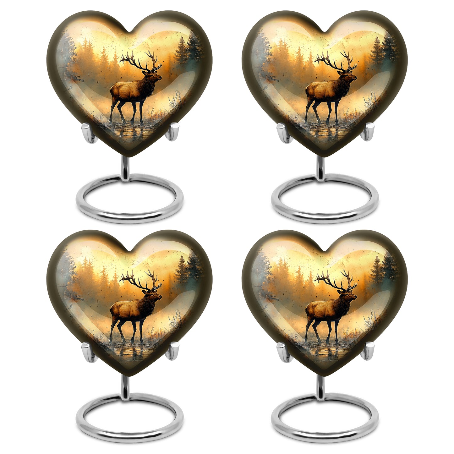 Antique Gold Deer Cremation Urn angled view of lid and engraved motif - heart-shaped deer design symbolizing eternal love - 10 inch aluminum urn for cremated remains