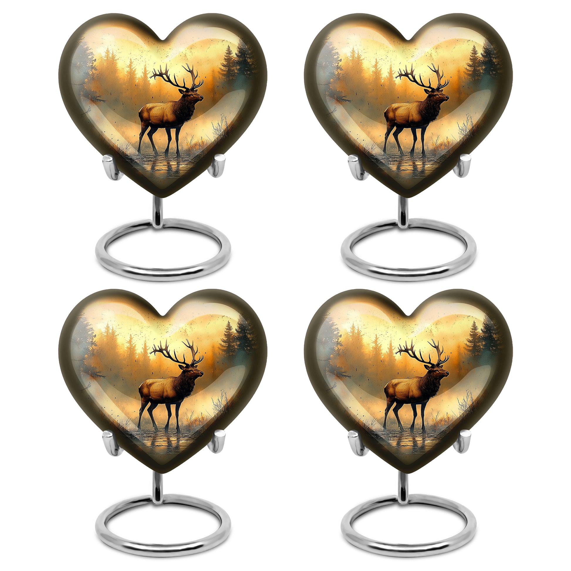 Antique Gold Deer Cremation Urn angled view of lid and engraved motif - heart-shaped deer design symbolizing eternal love - 10 inch aluminum urn for cremated remains