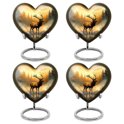 Antique Gold Deer Cremation Urn angled view of lid and engraved motif - heart-shaped deer design symbolizing eternal love - 10 inch aluminum urn for cremated remains