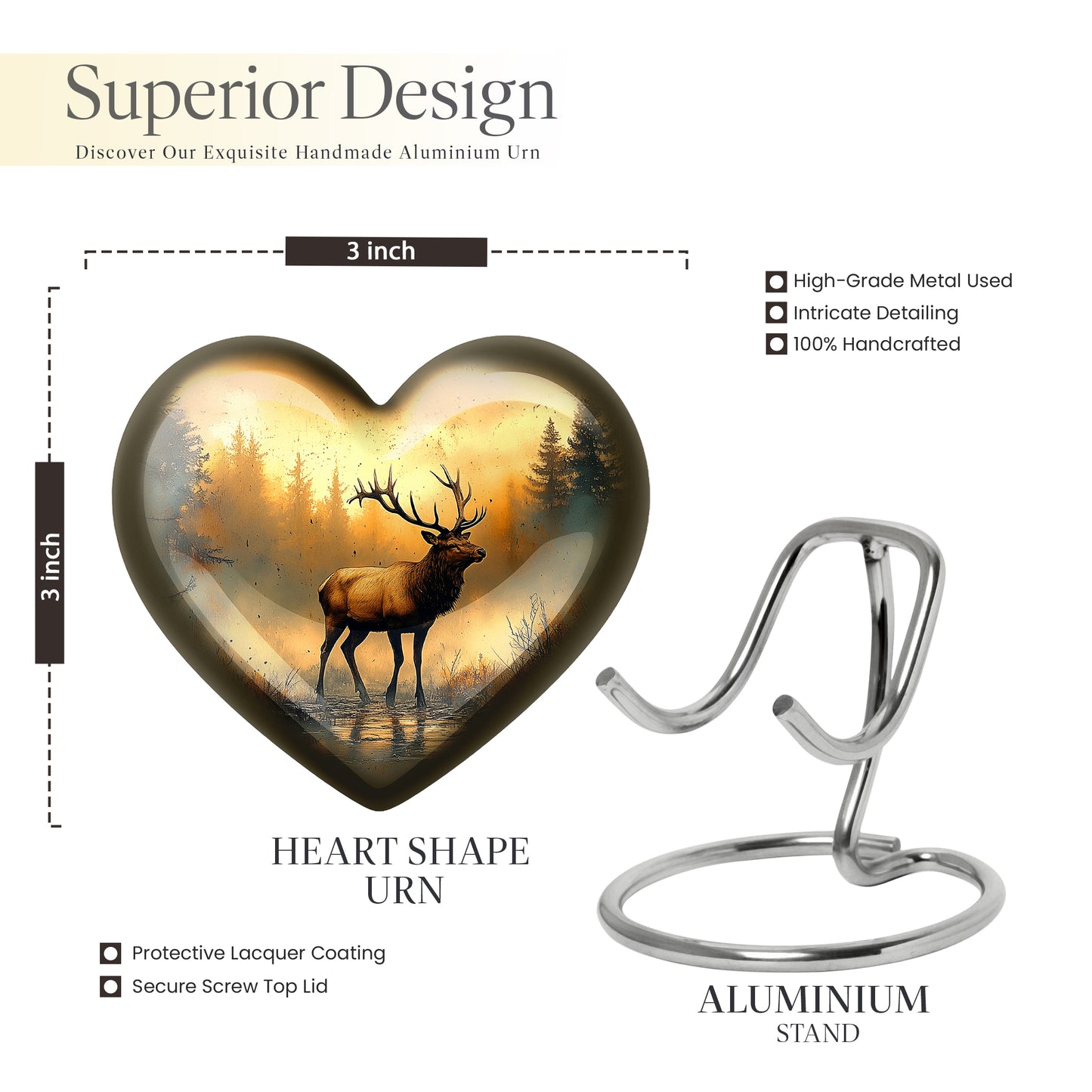 Burnished Gold Deer Cremation Urn front view showing detailed design - compassionate heart-deer combination with gentle curves - mini keepsake memorial for portion of cremation ashes
