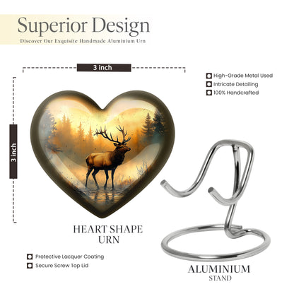 Burnished Gold Deer Cremation Urn front view showing detailed design - compassionate heart-deer combination with gentle curves - mini keepsake memorial for portion of cremation ashes