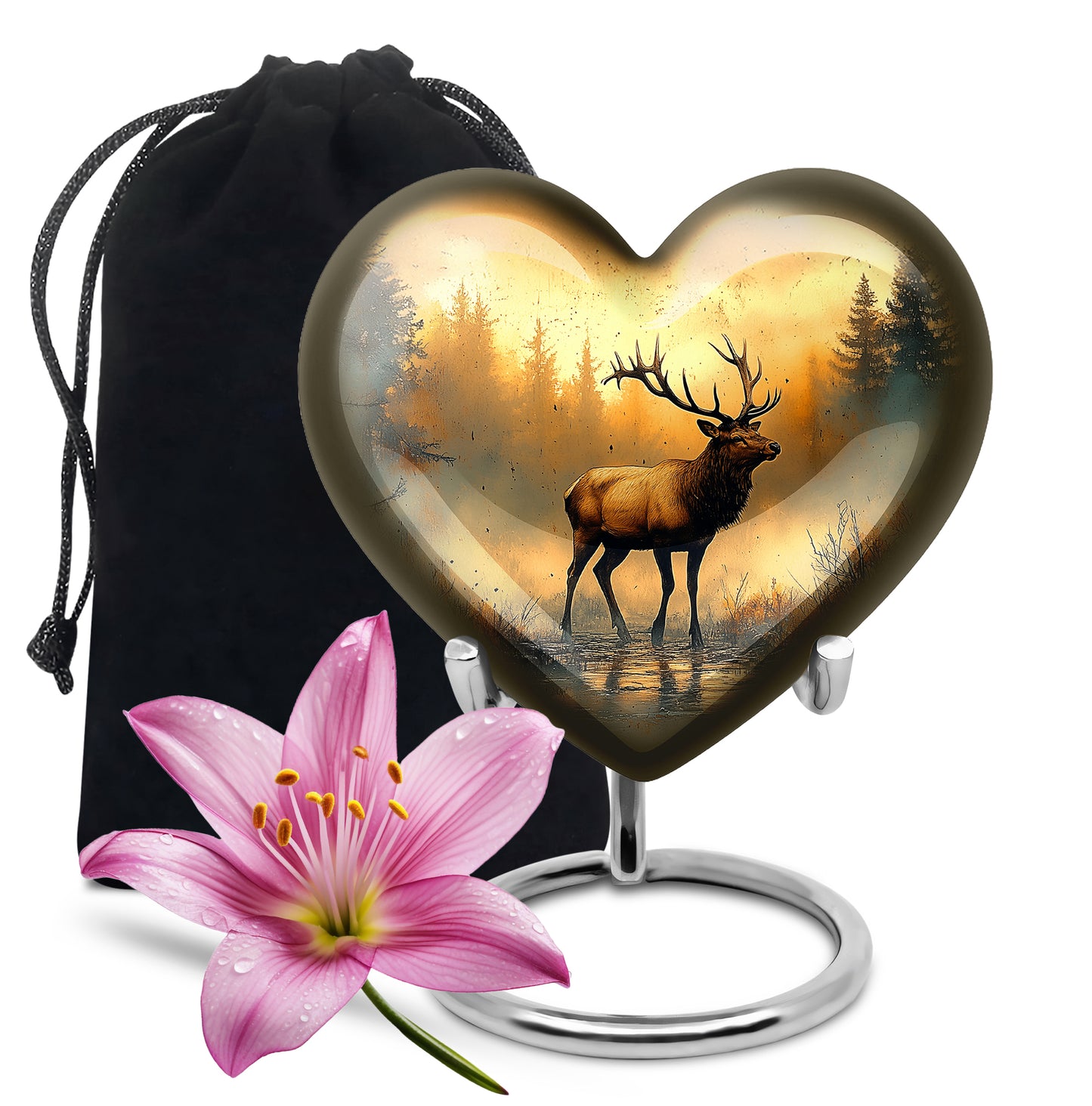 Amber Gold Deer Cremation Urn detail view - heart-shaped deer design symbolizing eternal love - full-size 10 inch 200 cubic inch adult cremation urn