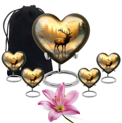 Champagne Gold Deer Cremation Urn close-up of engraving and surface detail - heart-shaped deer design symbolizing eternal love - memorial set with one large and four small urns
