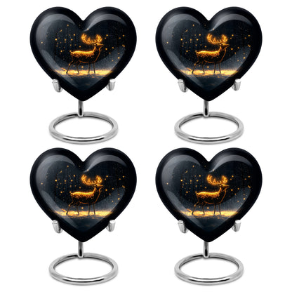 Glossy Black Deer Cremation Urn angled view of lid and engraved motif - heart-shaped deer design symbolizing eternal love - 10 inch aluminum urn for cremated remains