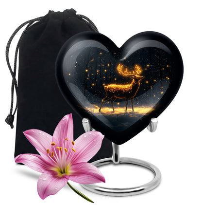 Rich Black Deer Cremation Urn detail view - heart-shaped deer design symbolizing eternal love - full-size 10 inch 200 cubic inch adult cremation urn
