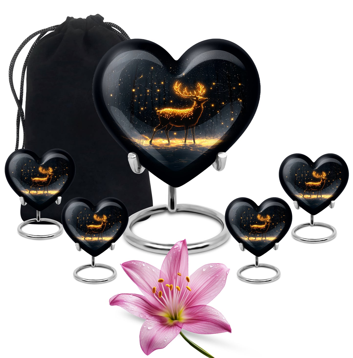 Midnight Black Deer Cremation Urn close-up of engraving and surface detail - romantic heart urn with deer motif on aluminum - memorial set with one large and four small urns
