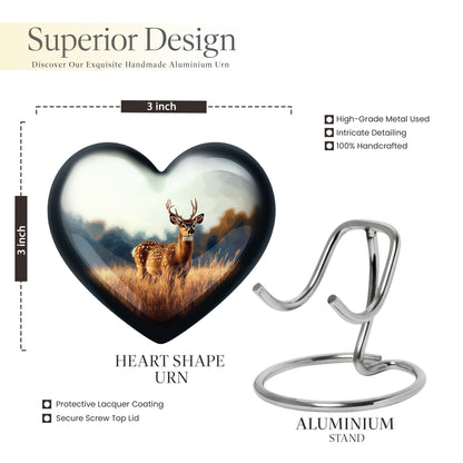 Platinum Silver Deer Cremation Urn front view showing detailed design - loving heart memorial featuring deer pattern - mini keepsake memorial for portion of cremation ashes