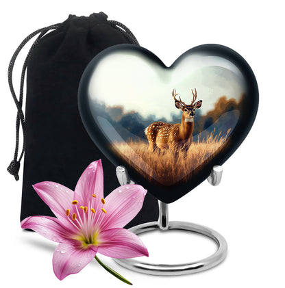 Platinum Silver Deer Cremation Urn detail view - loving heart memorial featuring deer pattern - full-size 10 inch 200 cubic inch adult cremation urn