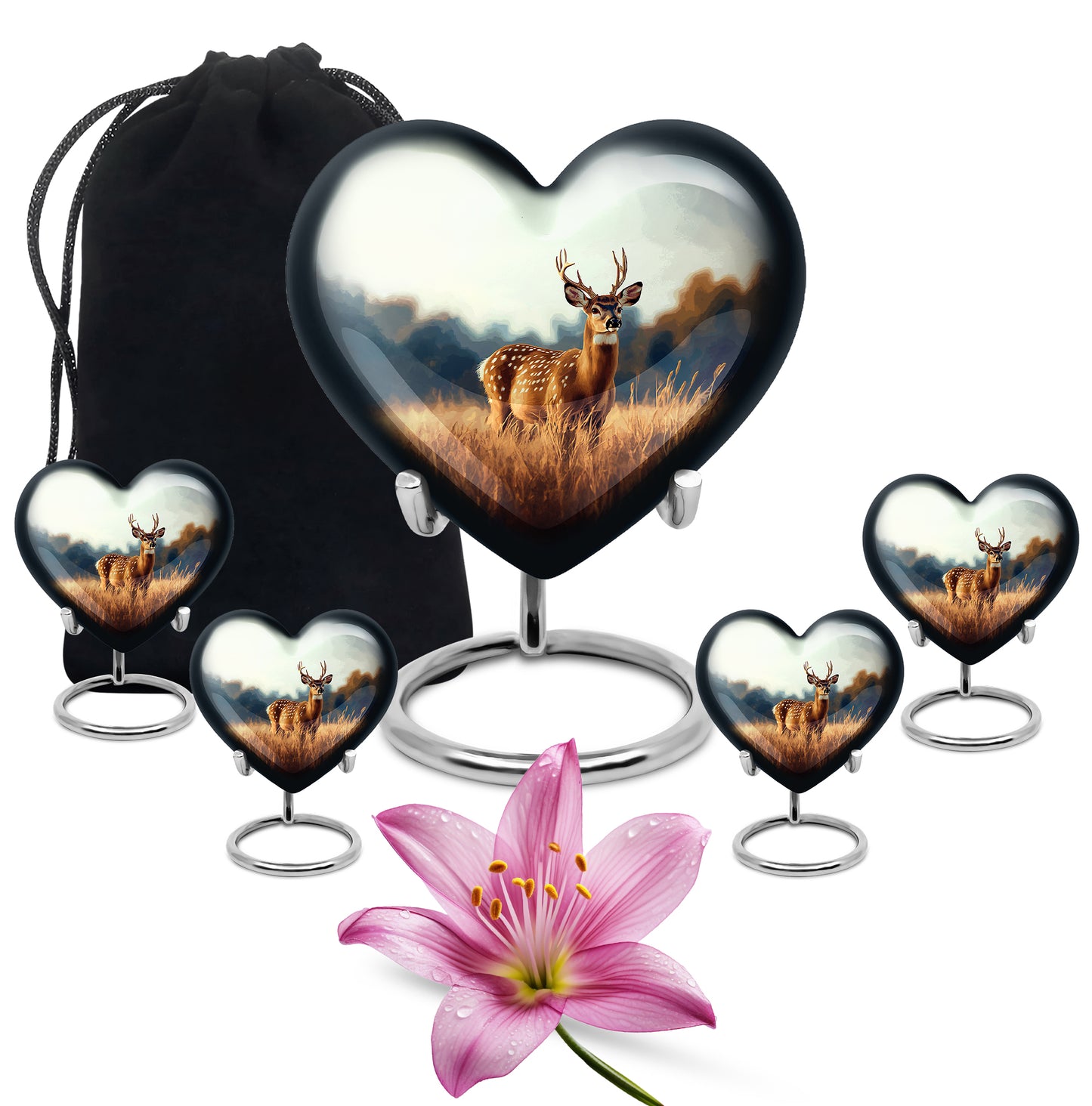 Platinum Silver Deer Cremation Urn close-up of engraving and surface detail - heart-shaped deer design symbolizing eternal love - memorial set with one large and four small urns
