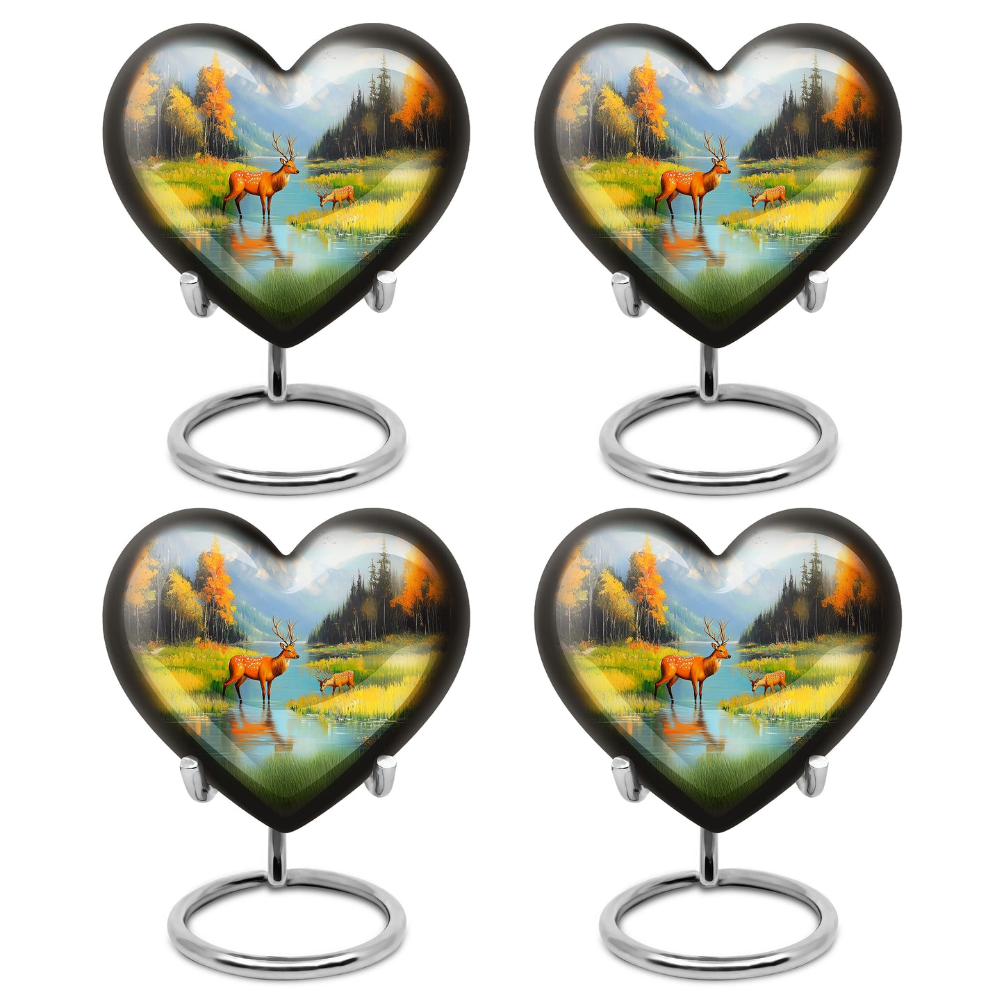 Misty Blue Deer Cremation Urn angled view of lid and engraved motif - heart-shaped deer design symbolizing eternal love - 10 inch aluminum urn for cremated remains
