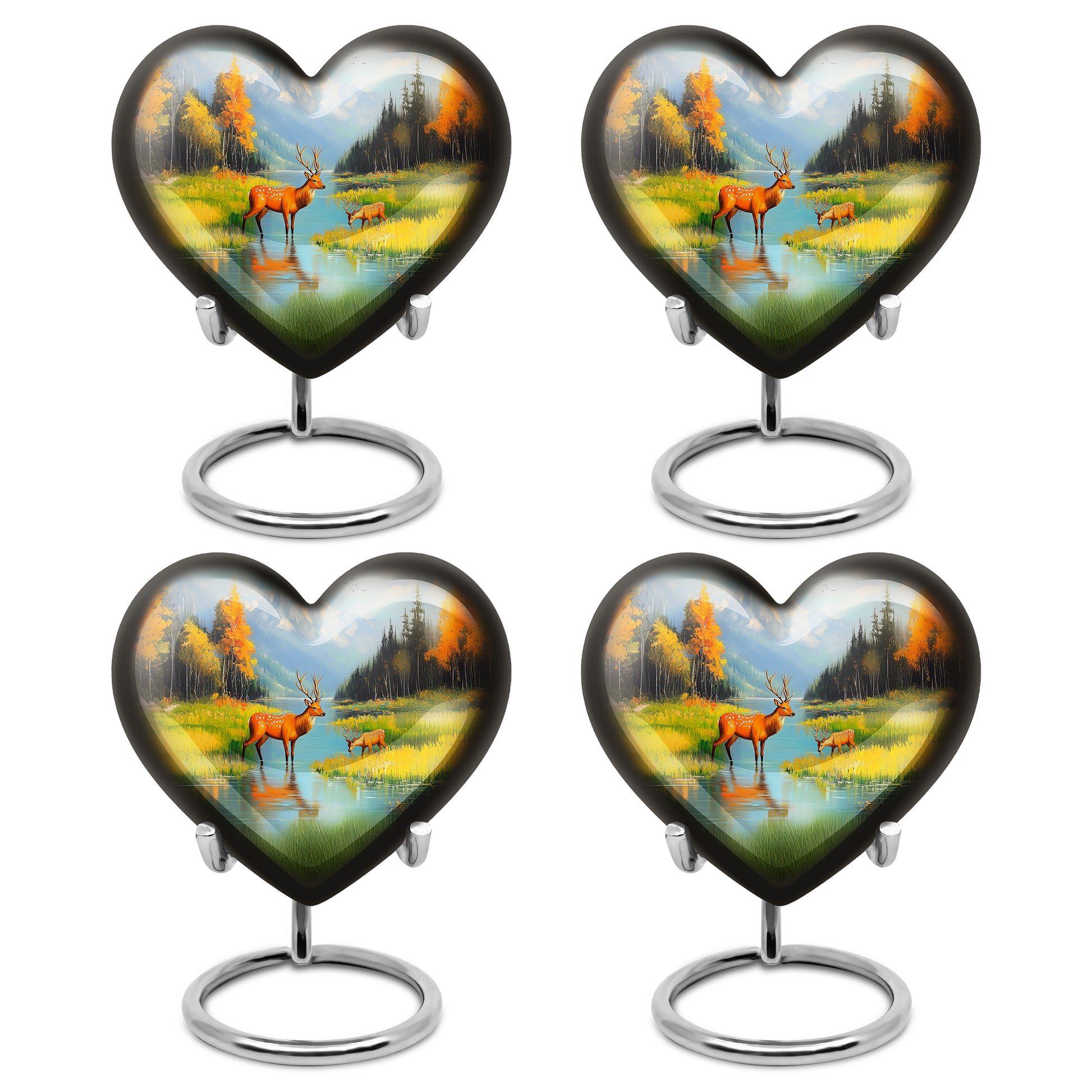 Misty Blue Deer Cremation Urn angled view of lid and engraved motif - heart-shaped deer design symbolizing eternal love - 10 inch aluminum urn for cremated remains
