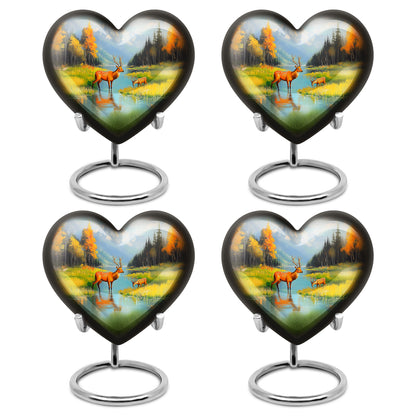 Misty Blue Deer Cremation Urn angled view of lid and engraved motif - heart-shaped deer design symbolizing eternal love - 10 inch aluminum urn for cremated remains