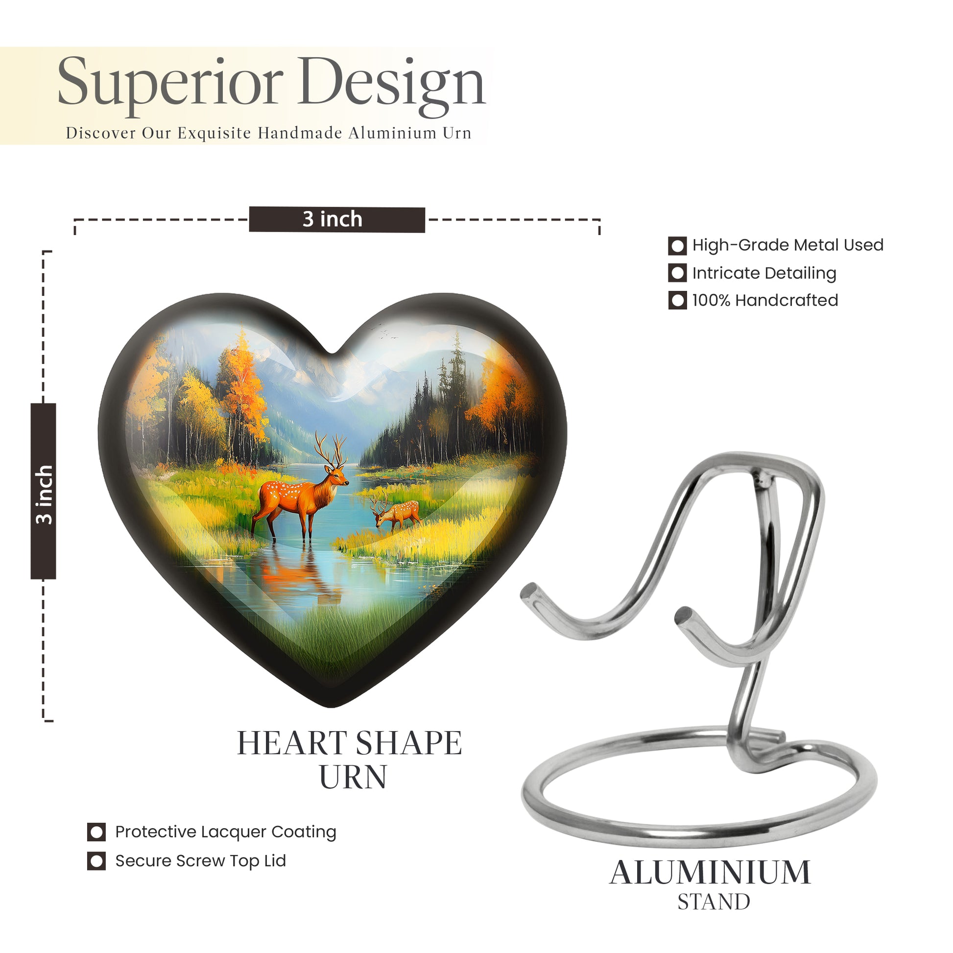 Sky Blue Deer Cremation Urn front view showing detailed design - loving heart memorial featuring deer pattern - mini keepsake memorial for portion of cremation ashes