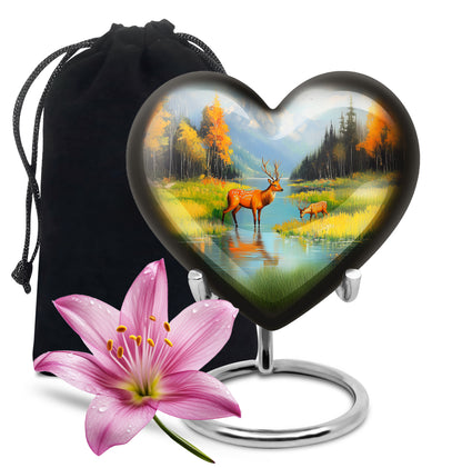 Misty Blue Deer Cremation Urn detail view - heart-shaped deer design symbolizing eternal love - full-size 10 inch 200 cubic inch adult cremation urn