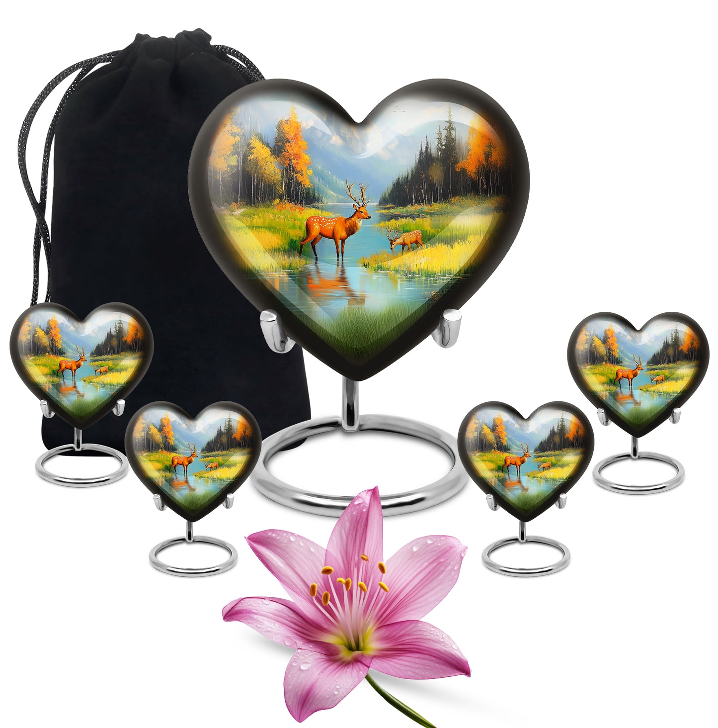 Celestial Blue Deer Cremation Urn close-up of engraving and surface detail - heart-shaped deer design symbolizing eternal love - memorial set with one large and four small urns